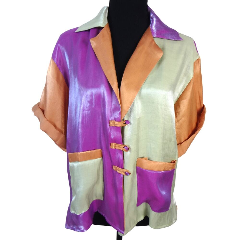 Anthropologie PASTICHE Colorblock Metallic Boxy Blouse Toggle Collared Medium